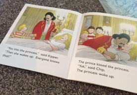 Politically correct black Prince in European fairy tale (There were no negroes in Europe when the fairy tales were written). Note that rarely would one find a blonde prince kissing a black princess. Or a burka clad princess. 